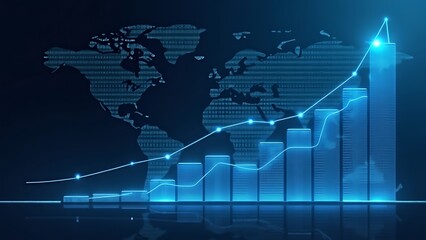 A sleek and modern financial background featuring a blue graph with upward trends and bar charts against a dark world map. Ideal for presentations, business reports, or financial analyses.