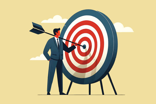 Business concept, targets and achievements, businessman standing sticking arrow at the right target