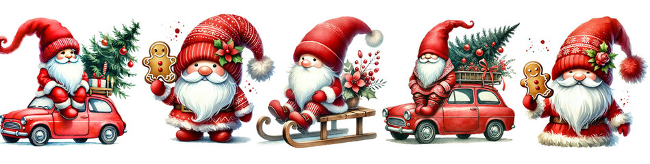 Merry Christmas gnomes, in a red hat, watercolor clipart illustration isolated on white background