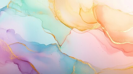 Soft and dreamy watercolor wallpaper with alcohol ink splashes, delicate gold veins, and rainbow pastels glowing in the light.