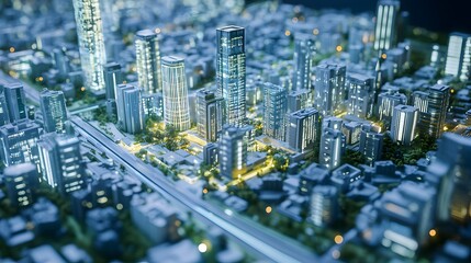 Captivating aerial view of a futuristic,digitally-created miniature city skyline with gleaming high-rise towers,bustling streets,and a vibrant night-time atmosphere. The image presents a visionary.