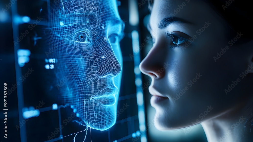 Poster futuristic virtual twin interface with holographic data visualization and analytics. digital display