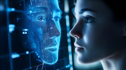 Futuristic virtual twin interface with holographic data visualization and analytics. Digital display screen showing advanced intelligence-powered information and control panel.