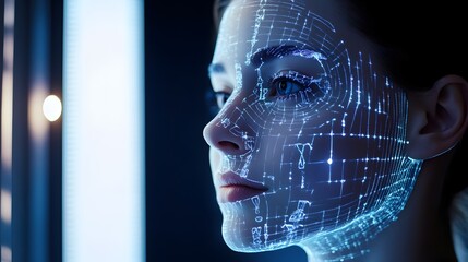 A digital rendering of a virtual cybernetic face scan interface with futuristic blue neon lighting,showcasing the concept of advanced biometric intelligence,and digital transformation.