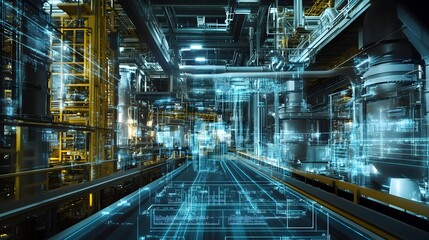 Obraz premium A visually stunning and immersive digital environment featuring a futuristic,high-tech interface with a complex network of interconnected pipelines,wires,and glowing neon lights.