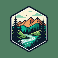 Valley River Mountain Forest Logo Badge Vector illustration on white background.