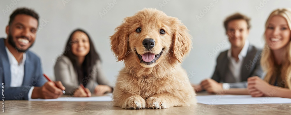 Wall mural Capture a long shot of a diverse group of business professionals signing contracts in a vibrant modern pet industry setting