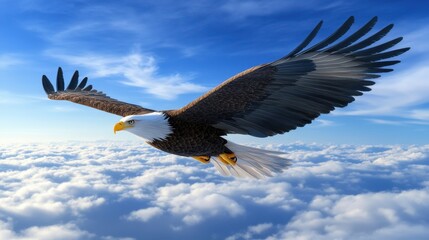 Obraz premium 3D rendering of a bald eagle flying through the sky with detailed feathers and open wings symbolizing freedom