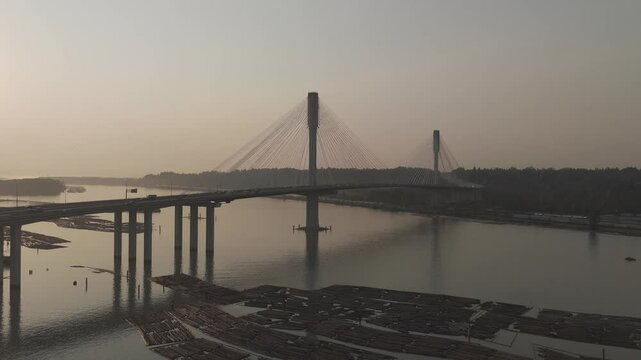 Drone footage of the Prayagraj bridge over Yamuna River at sunset time in India