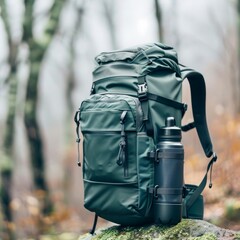 Stylish outdoor backpack resting on a moss-covered rock, accompanied by a robust water bottle, set against a misty forest backdrop, perfect for adventures.