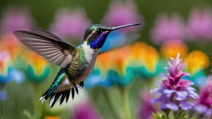 Obraz premium A vibrant hummingbird hovering near colorful flowers in a lush garden.
