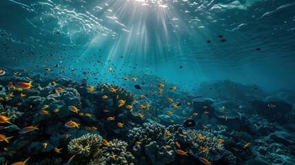 Fototapeta premium Underwater Coral Reef with Sunbeams