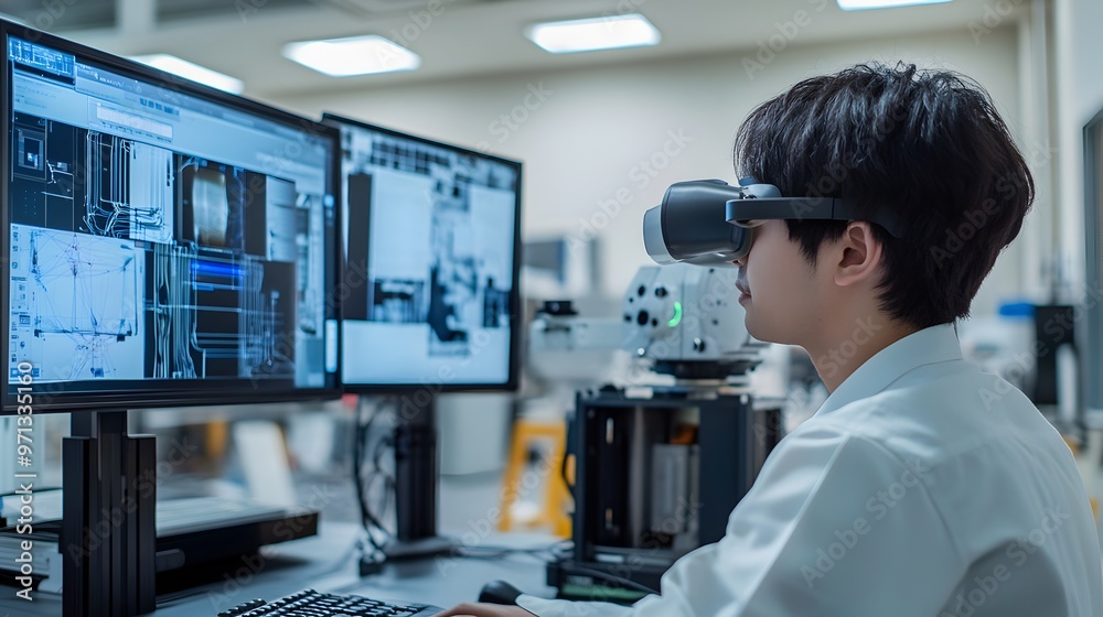 Poster Technologist wearing virtual reality headset and using controllers to interact with digital interfaces in a modern,high-tech workspace.