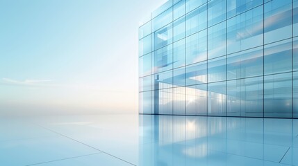 Fototapeta premium Modern architectural marvel, minimalist glass structure reflecting soft sunlight, seamless integration of space and light, creating an ethereal atmosphere.