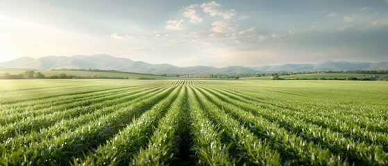 Naklejka premium Vibrant green fields stretch across the landscape, rolling hills create a serene backdrop, sunlight bathes the scene, showcasing natures tranquility and abundance.