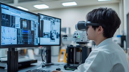 Technologist wearing virtual reality headset and using controllers to interact with digital interfaces in a modern,high-tech workspace.