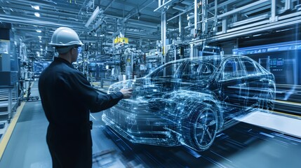 A futuristic virtual 3D model of an automotive concept displayed in a modern factory workspace,showcasing advanced digital manufacturing and prototyping technology.