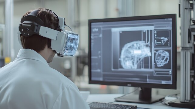 A virtual reality scene depicting a healthcare or research professional using advanced digital technology and visualization tools to analyze and study the human brain.