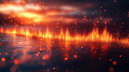 Naklejka premium Fiery sound waves reflect on water surface against dramatic sunset sky background