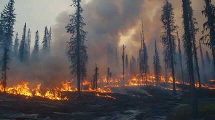 Forest fire raging through tall trees, flames consuming the undergrowth.