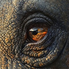 Close-up of an elephant's eye, showcasing its wrinkled skin and the deep brown color.