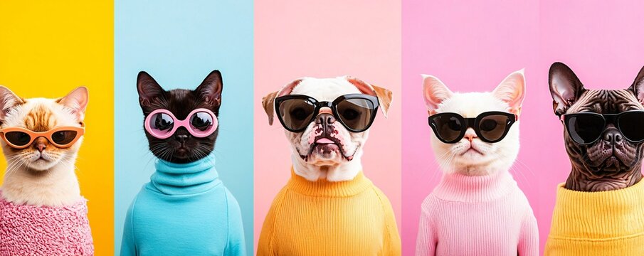Show a colorful scene of a pet fashion show at a promotional event with dogs and cats in eye catching outfits shot at eye level angle