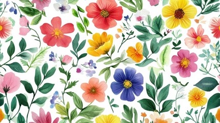 Watercolor floral pattern featuring bright colorful wildflowers and delicate green leaves in a natural summery design