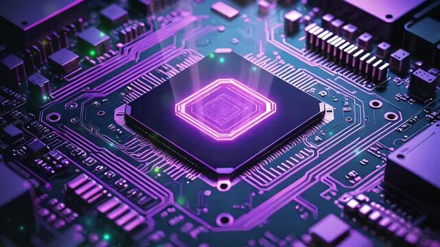 Closeup of a glowing CPU chip on a circuit board, representing the power of technology