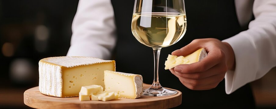 Sommelier presenting white wine and cheese pairing, upscale restaurant, 3D illustration
