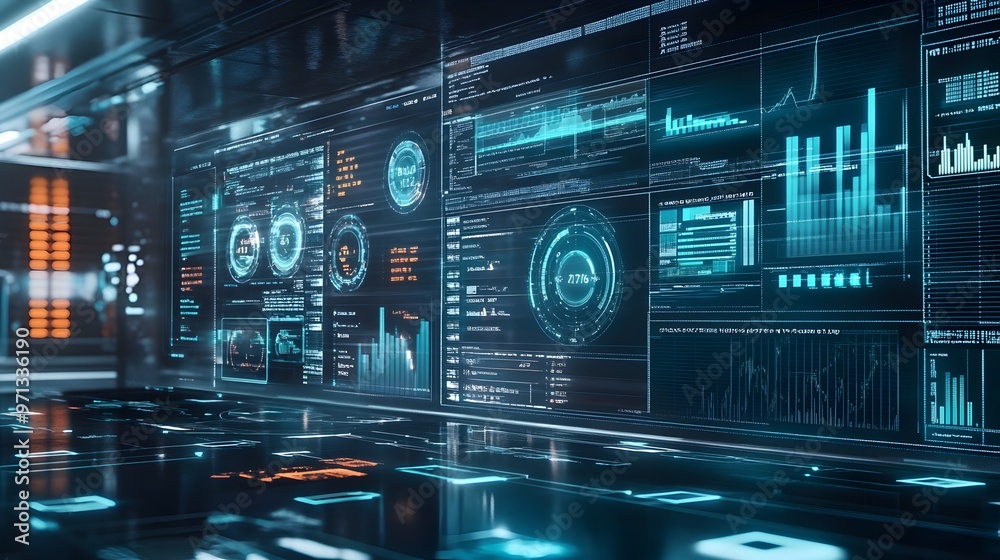 Poster Cutting-Edge AI-Driven Financial Algorithm Visualized on a Futuristic Digital Dashboard. Advanced data analytics and visualization tools for financial strategy,investment decision-making.