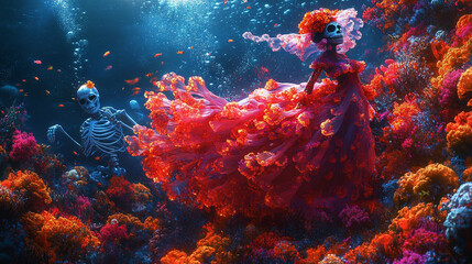 underwater scene Catrina and her lover as skeleton diver sea life traditional Día de los Muertos decorations