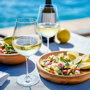 Summer terrace scene with chilled white wine and fresh ceviche, Wine White Pairing, Refreshing Summer Pairing