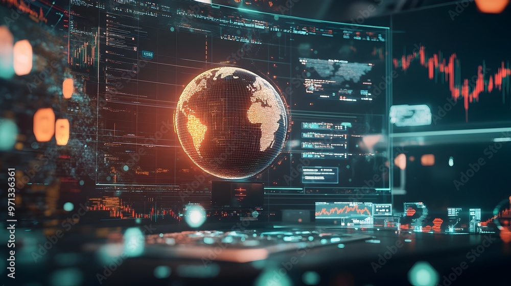 Poster ai-powered financial dashboard with global data visualization and market analytics. a futuristic int