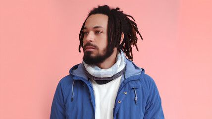 Fototapeta premium A white man with clean and tidy braids and a beard on a pink background, photo for men's hair oils and essential
