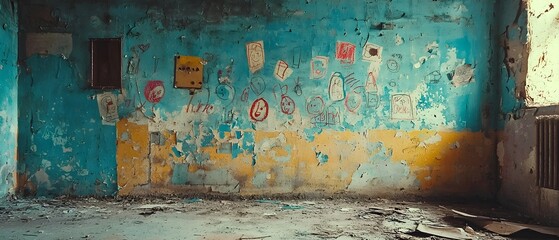 Faded colorful childhood drawings and doodles adorning a weathered peeling wall in an abandoned dilapidated room evoking a sense of nostalgia wistfulness and memories of better times
