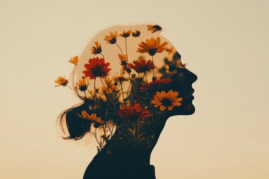 Geomorphology cryophilic exothermic montane and thallophyte womans profile filled with blooming flowers symbolizing the beauty of nature and life