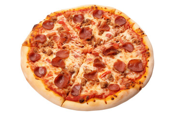 Close up PNG cutout of pizza with pepperoni and meat topping round full pieces isolated on transparent background