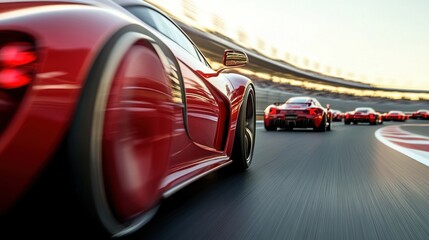 Obraz premium Sleek red race car leading the pack on a track The car is captured in sharp focus with a dynamic sense of motion