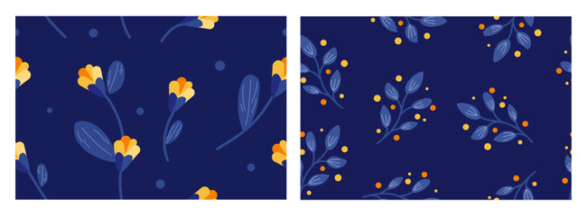 Fototapeta premium Two of Cute seamless drawing pattern with flower and leaves on blue background 