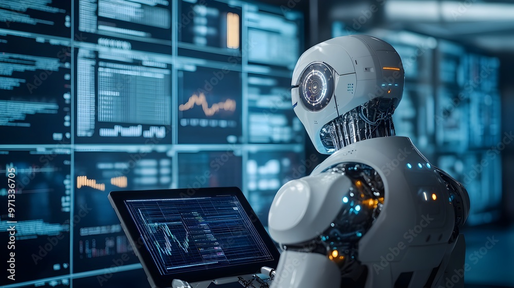 Poster a photograph of a futuristic ai-driven financial robot analyzing complex market data and financial a