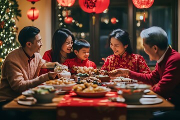 A happy Asian family enjoys a festive meal together.
