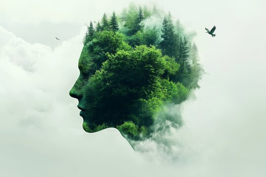 Biocenosis xeromorphic ecosystemic paleobotany and propagule floating silhouette of a head blending trees and clouds evoking peace and tranquility