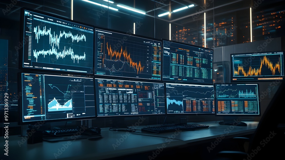 Poster cutting-edge ai-driven financial system featuring real-time data visualization,sophisticated analyti