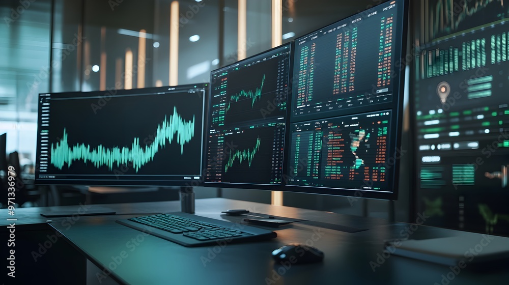 Poster this image depicts a sophisticated ai-powered financial system,featuring a multi-screen display show