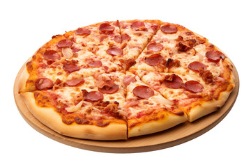 PNG cutout of close up pepperoni and ham pizza on round wood board isolated on transparent background full shot