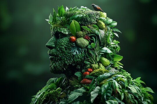 Commensalism leaf venation calcicole ecoregion and chloroplast portrait of a person with birds and leaves growing from their face blending life and nature