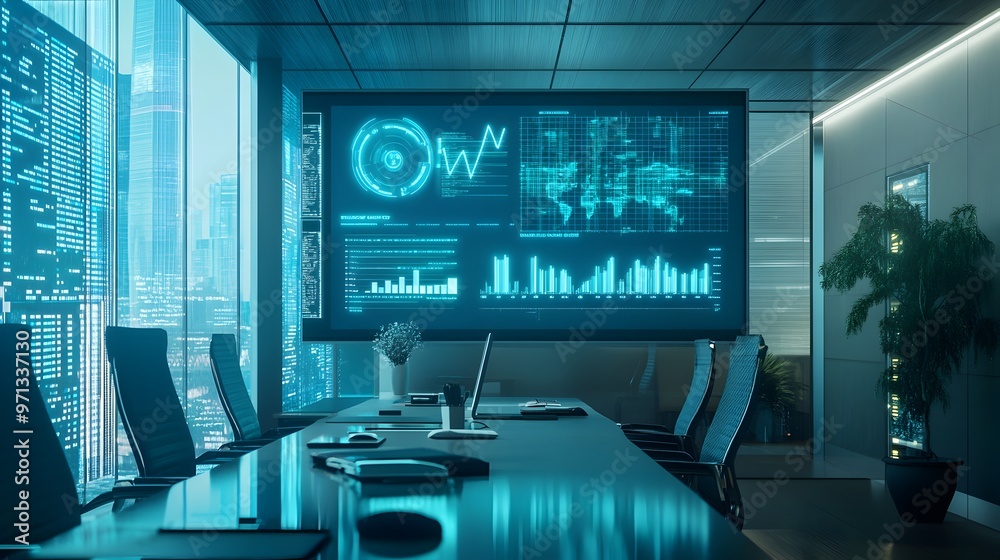 Poster Futuristic data analytics dashboard of an AI-driven financial system,featuring a clean and modern interface with interactive charts,graphs.