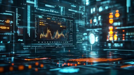 Obraz premium A photograph showcasing an advanced AI-driven financial dashboard with futuristic data visualization,analytics,and market intelligence tools. The interface displays real-time charts,graphs.