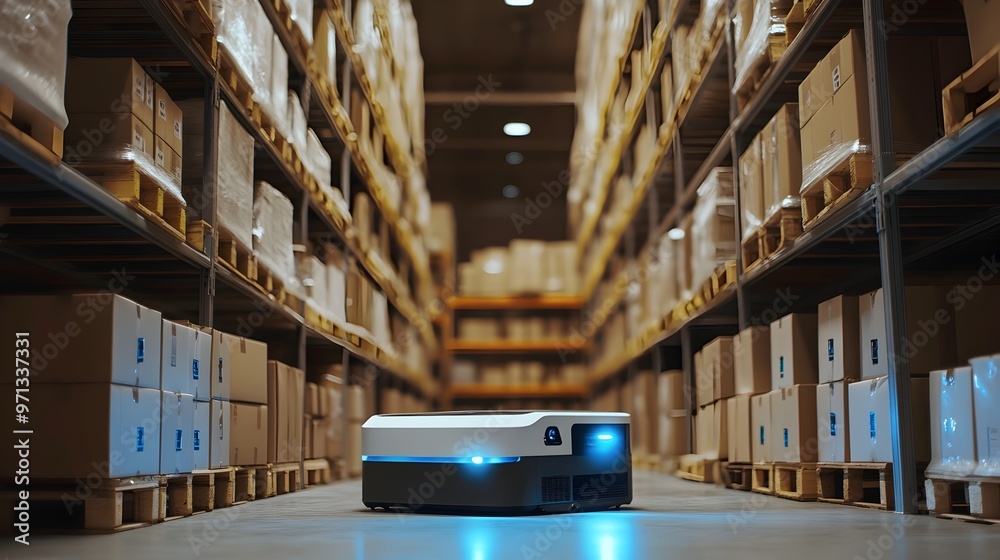 Poster automated warehouse storage and inventory management with robotic sorting - efficient and organized 