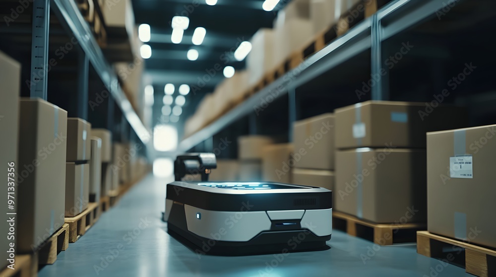 Poster automated robotic system efficiently sorting and organizing packages in a high-tech warehouse or dis